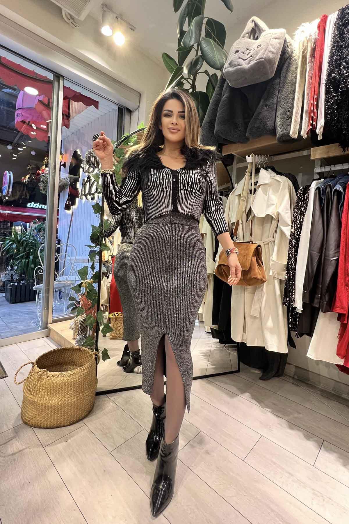 Eswomes Simli Yırtmaçlı Kalem Etek Gri