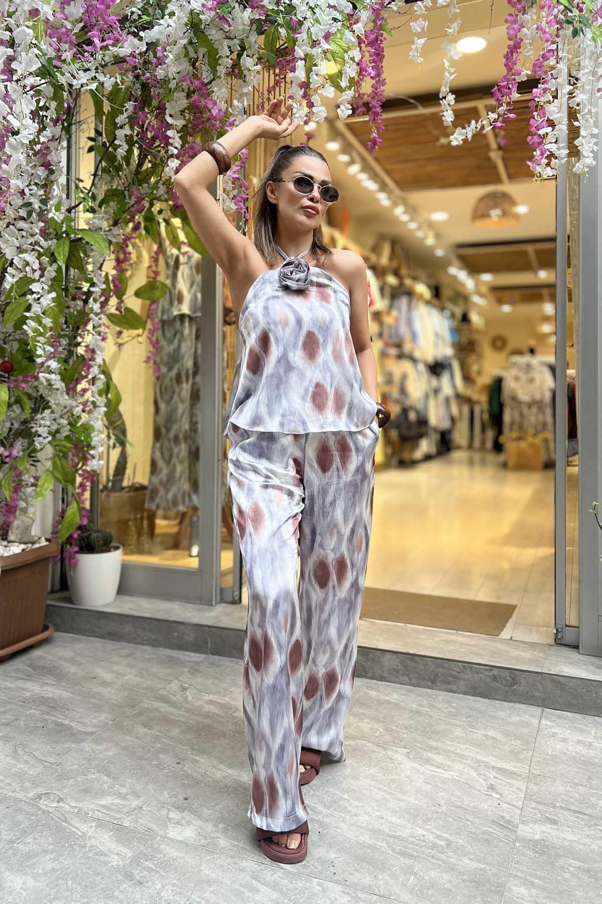 Eswomes Sırtı Açık Gül Bağlamalı Saten Takım Gri