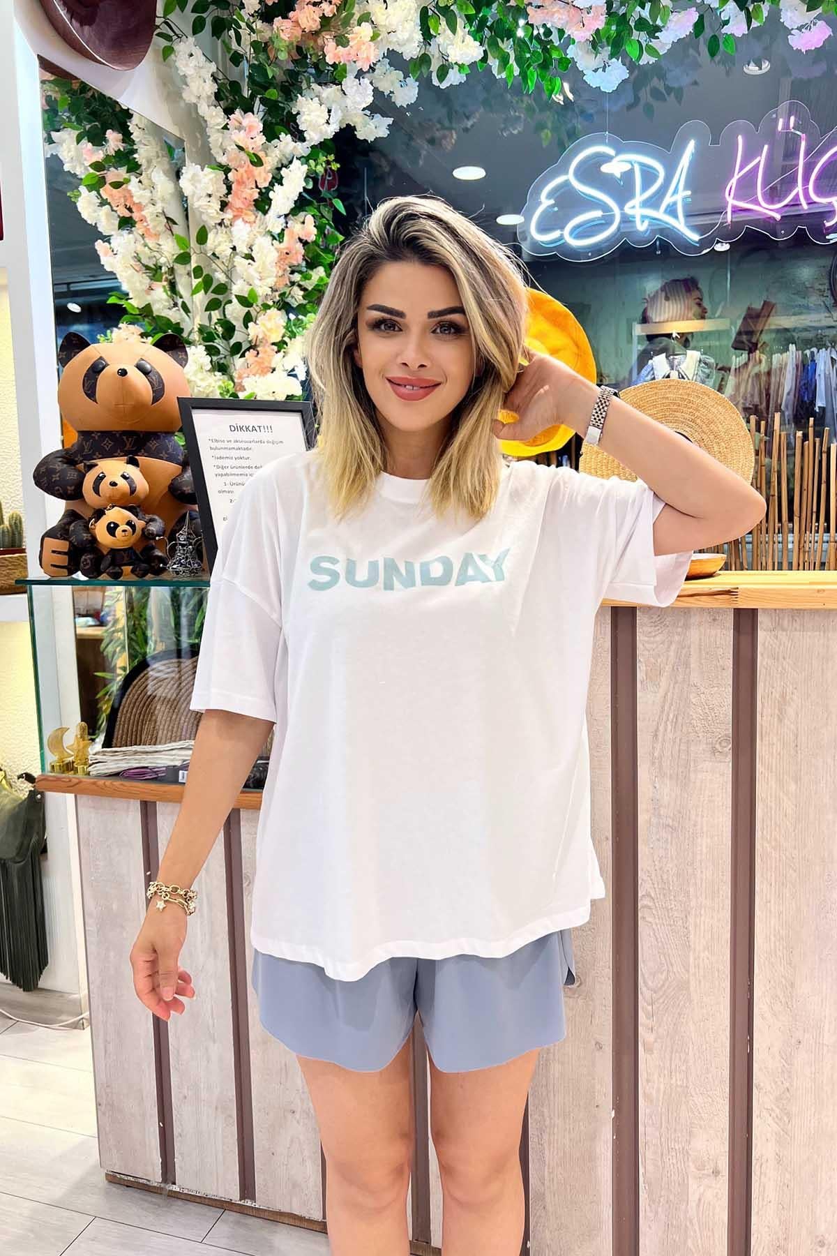 Eswomes Sunday Yazılı T-shırt Beyaz