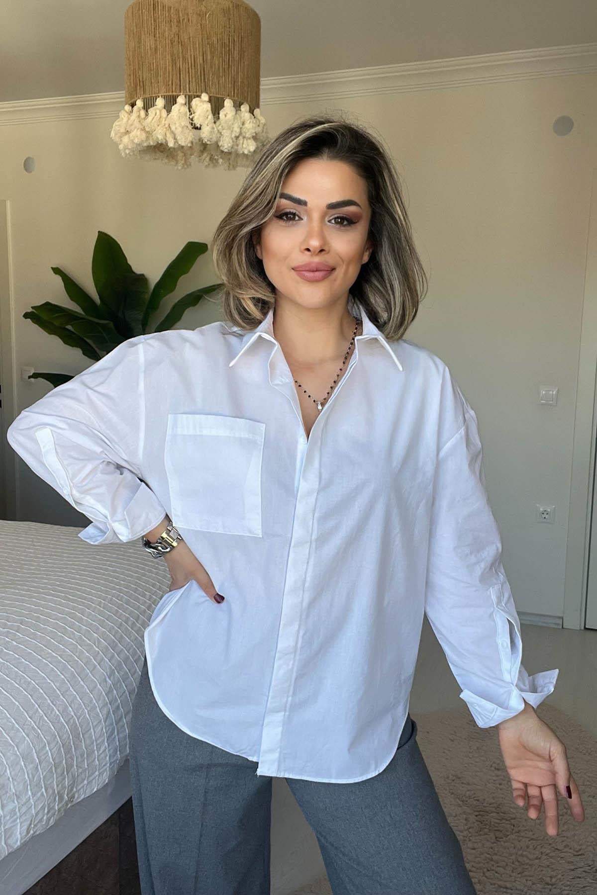 Eswomes Tek Cepli Oversize Gömlek Beyaz