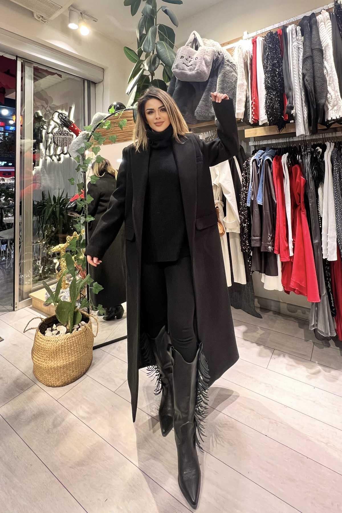 Eswomes Torba Cep Detay Uzun Kaşe Kaban Siyah