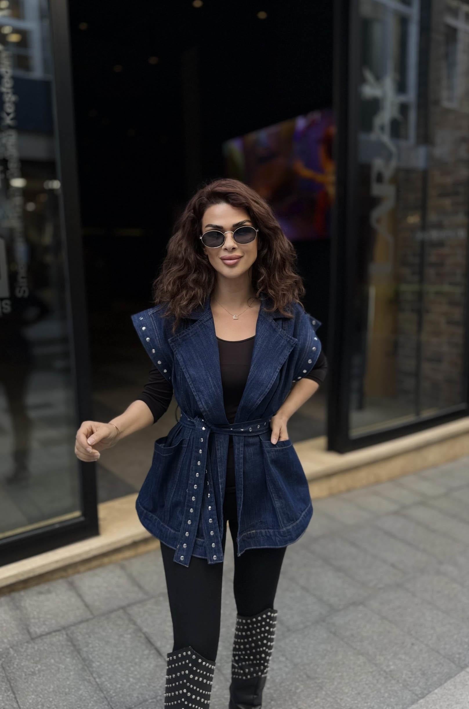 Eswomes Troklu Kuşaklı Oversize Yelek Lacivert