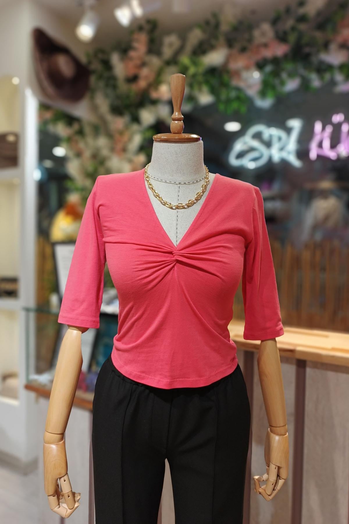 Eswomes V Yaka Ön düğümlü Bluz Nar Çiçeği