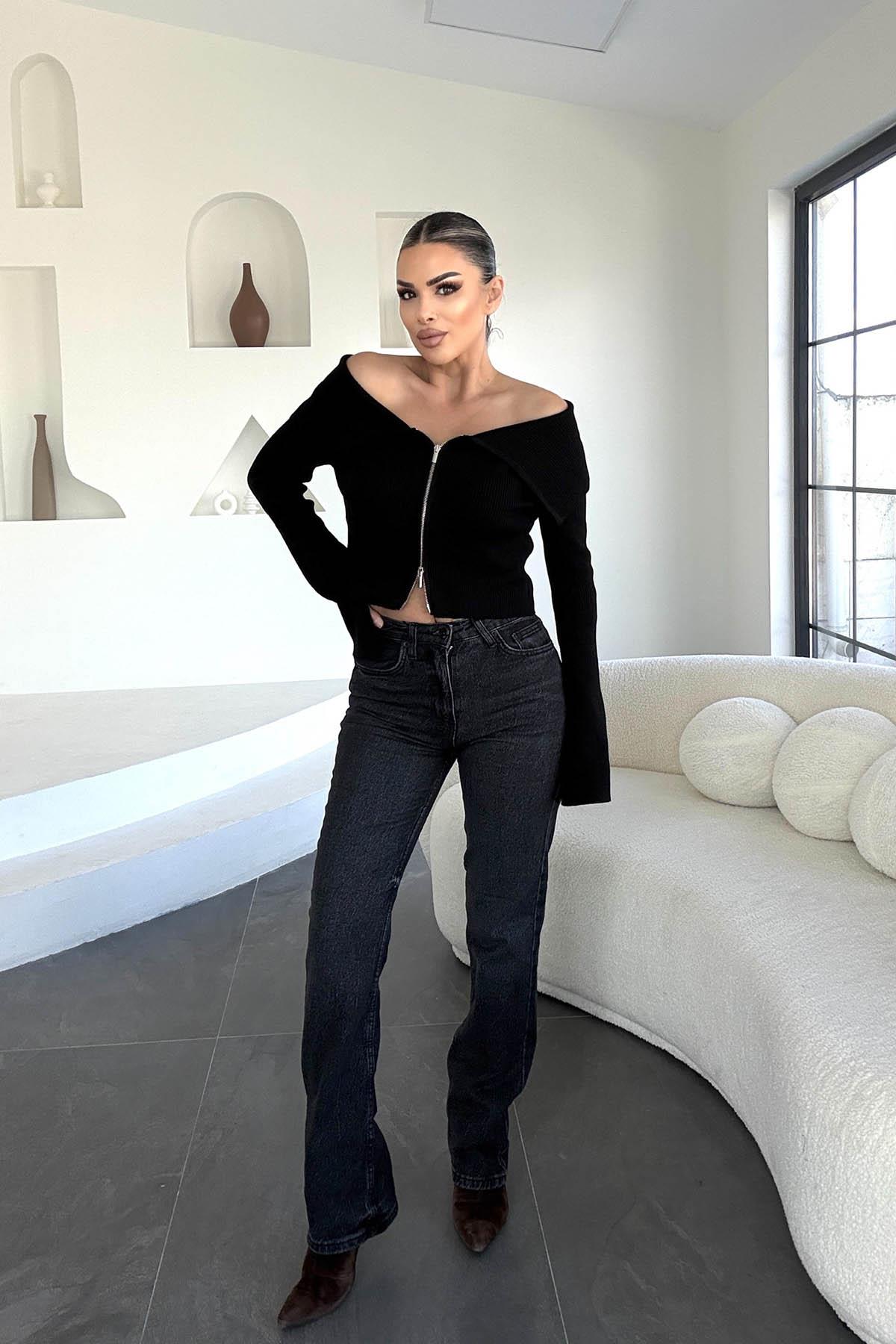Eswomes Yüksek Bel  Straight Jean Füme