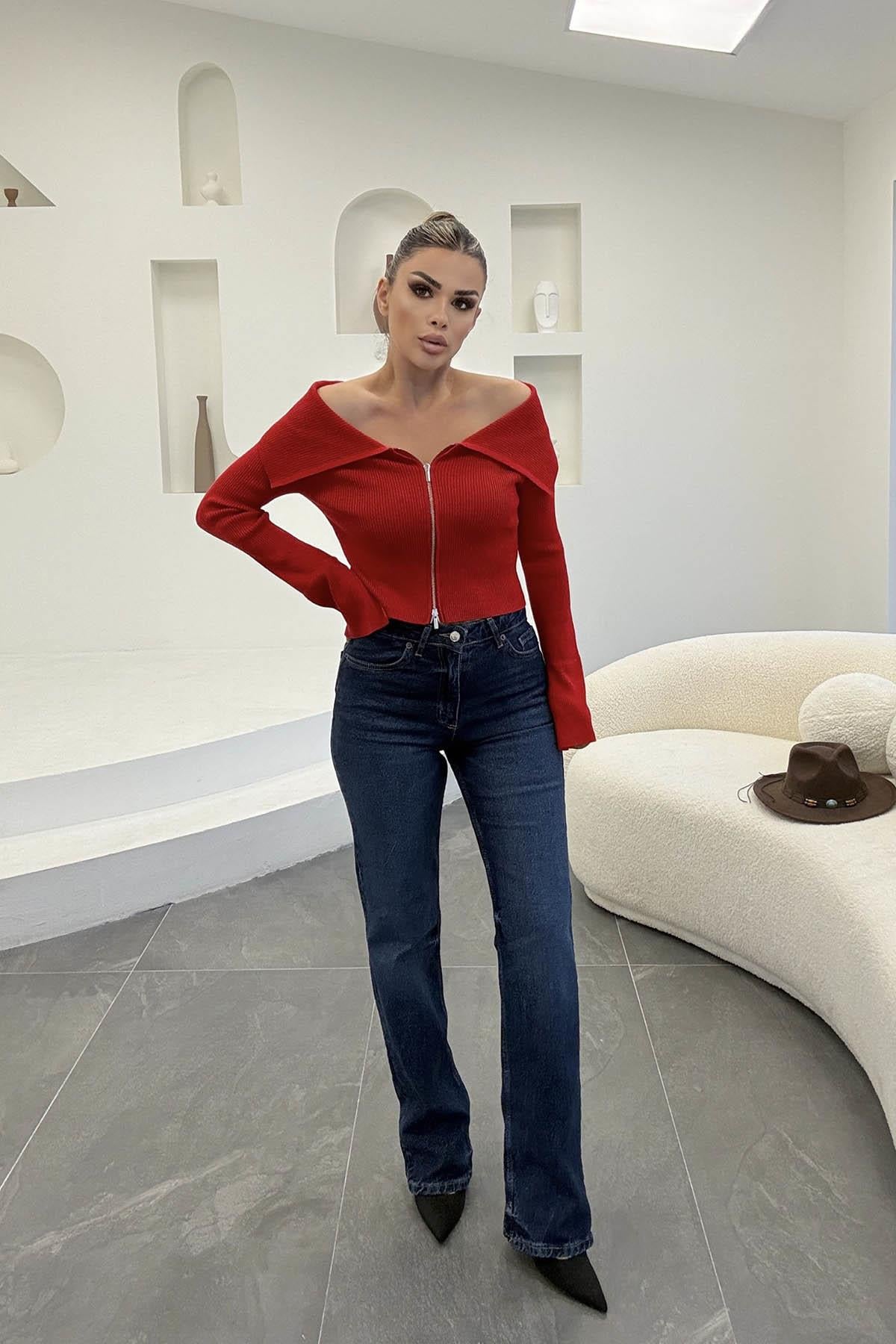 Eswomes Yüksek Bel  Straight Jean Koyu Mavi
