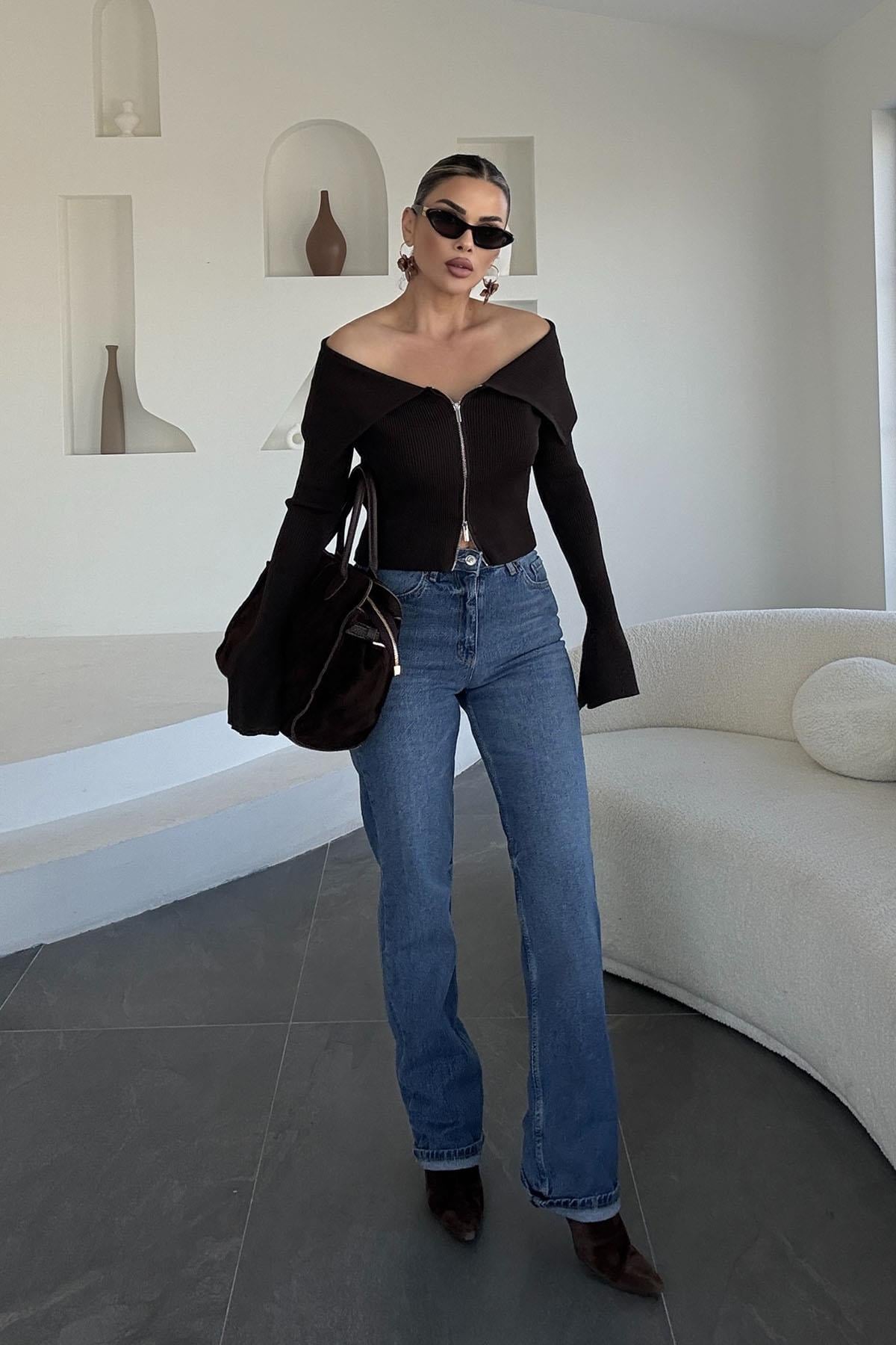 Eswomes Yüksek Bel  Straight Jean Mavi