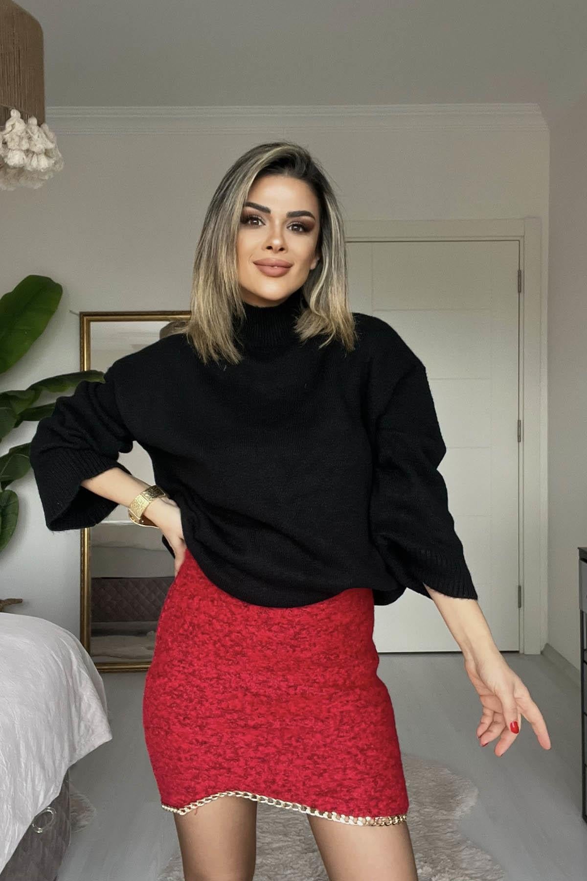 Eswomes Zincir Detay Mini Etek Kırmızı
