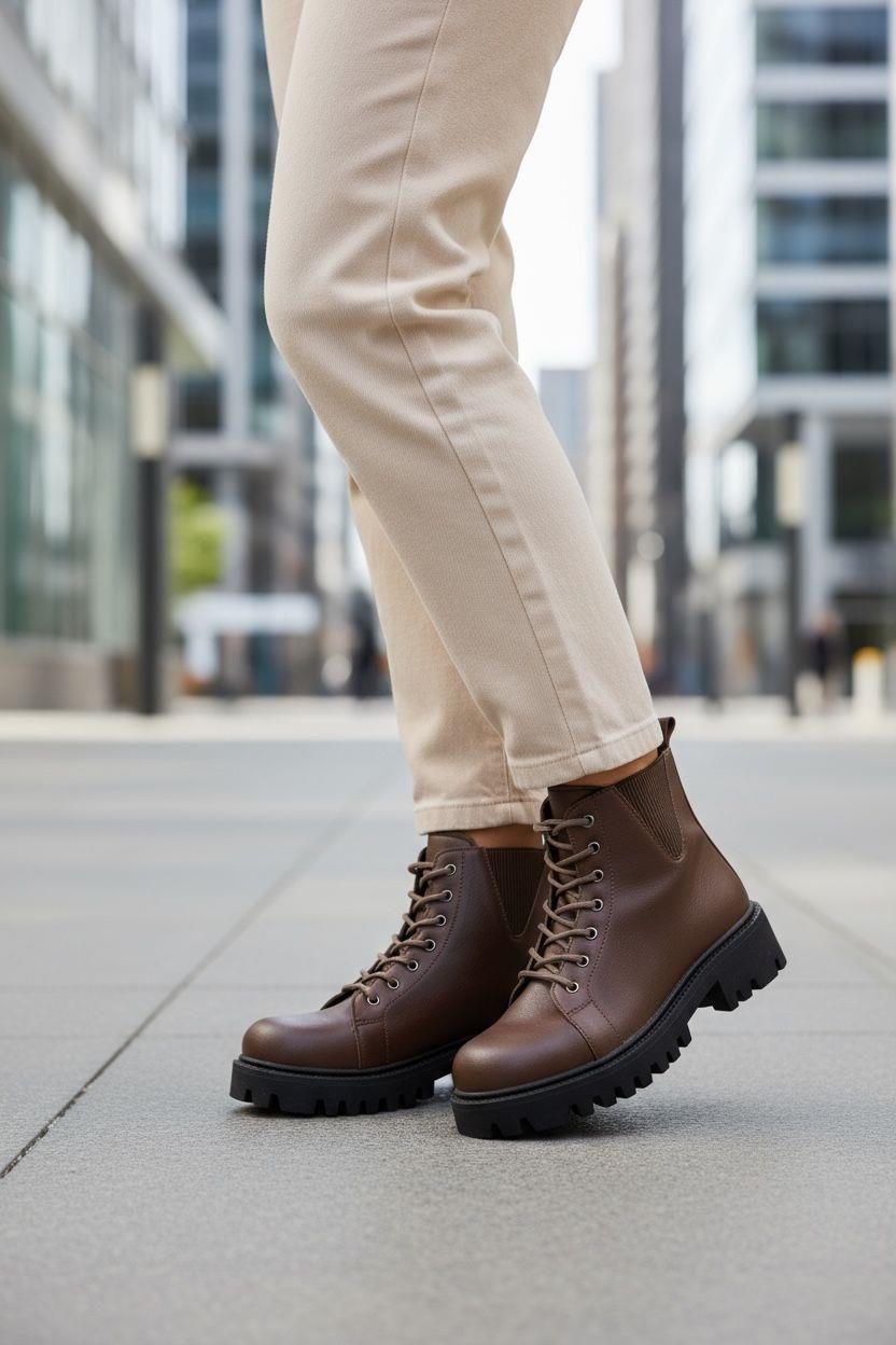 Kalın tabanı ve rahat yapısıyla gün boyu konfor sunan, şehir stiline uygun bağcıklı kahverengi bot. Hem günlük hem outdoor kullanıma ideal