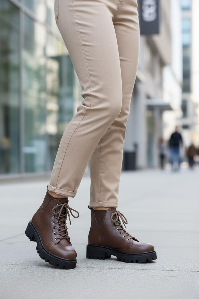 Kalın tabanı ve rahat yapısıyla gün boyu konfor sunan, şehir stiline uygun bağcıklı kahverengi bot. Hem günlük hem outdoor kullanıma ideal