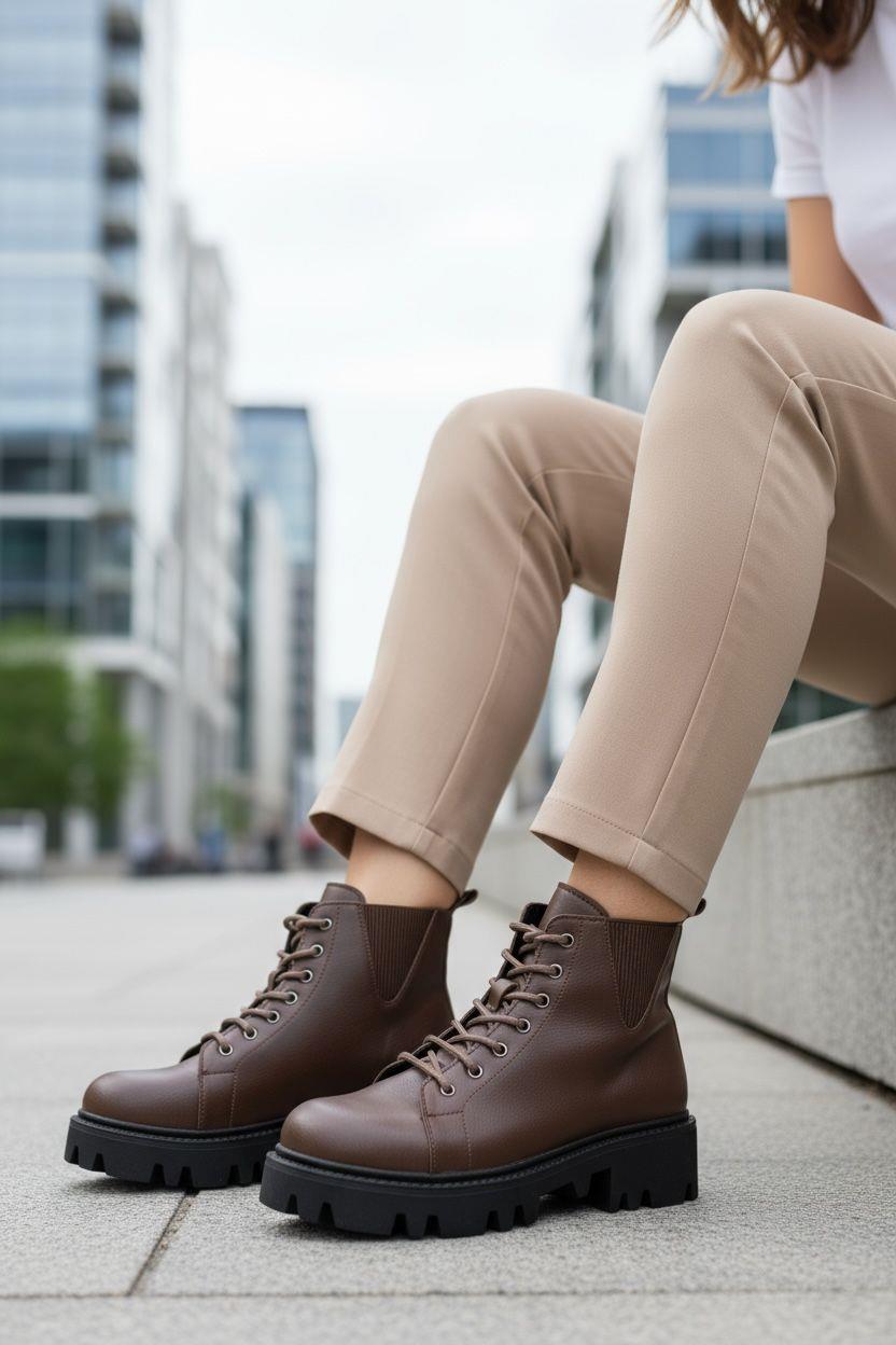 Kalın tabanı ve rahat yapısıyla gün boyu konfor sunan, şehir stiline uygun bağcıklı kahverengi bot. Hem günlük hem outdoor kullanıma ideal