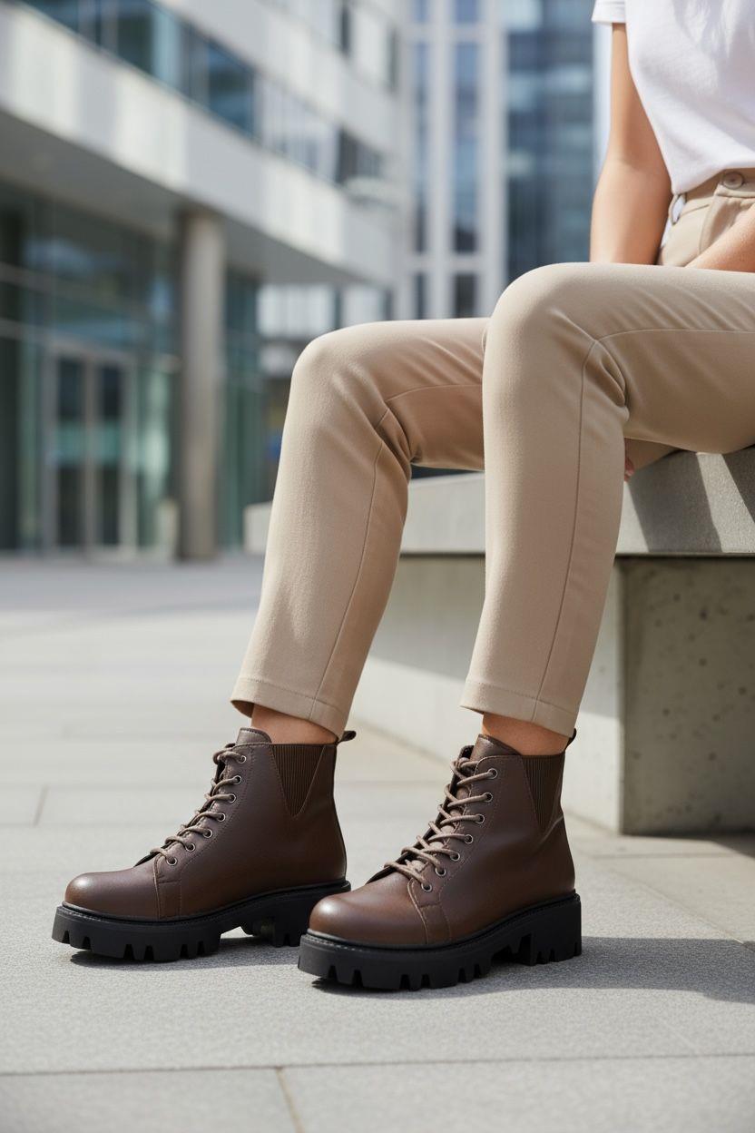 Kalın tabanı ve rahat yapısıyla gün boyu konfor sunan, şehir stiline uygun bağcıklı kahverengi bot. Hem günlük hem outdoor kullanıma ideal