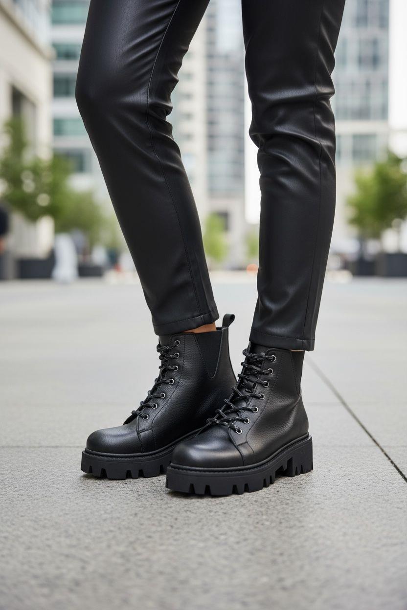 Kalın tabanı ve rahat yapısıyla gün boyu konfor sunan, şehir stiline uygun bağcıklı Siyah  bot. Hem günlük hem outdoor kullanıma ideal