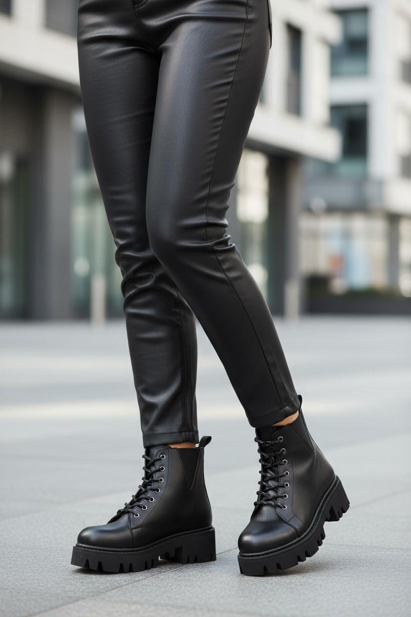 Kalın tabanı ve rahat yapısıyla gün boyu konfor sunan, şehir stiline uygun bağcıklı Siyah  bot. Hem günlük hem outdoor kullanıma ideal