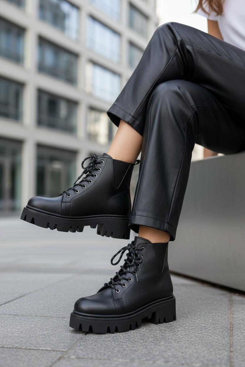 Kalın tabanı ve rahat yapısıyla gün boyu konfor sunan, şehir stiline uygun bağcıklı Siyah  bot. Hem günlük hem outdoor kullanıma ideal