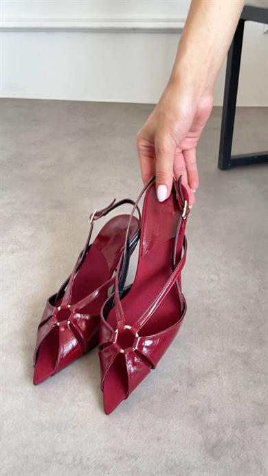 Bordo Çapraz Bantlı İnce Topuklu Ayakkabı 5 cm