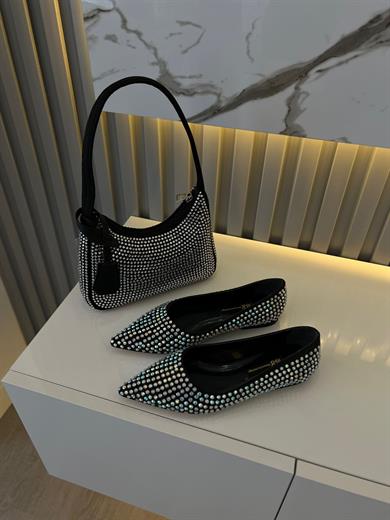 DAVİN SİYAH SATEN TAŞ DETAY  KADIN BABET