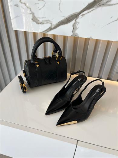 LENNON GOLD METAL DETAYLI SİYAH RENK ÇANTA AYAKKABI KOMBİN