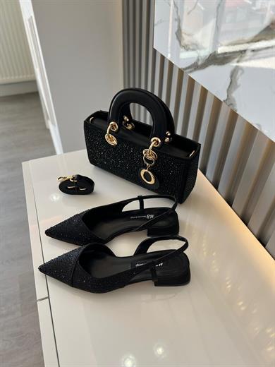 LİMAR TAŞ DETAYLI SİYAH RENK KADIN BABET VE KOMBIN ÇANTA