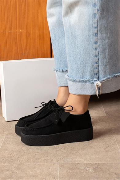 Loafer siyah süet görünümlü ayakkabı;siyah 4 cm kalın tabanı, rahat yapısı 