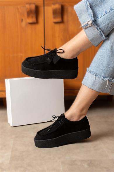 Loafer siyah süet görünümlü ayakkabı;siyah 4 cm kalın tabanı, rahat yapısı 