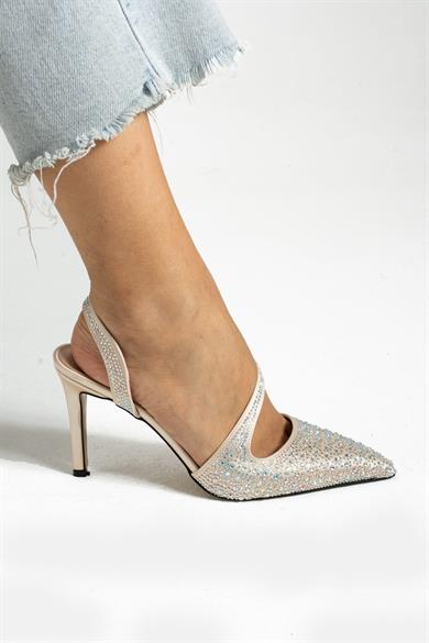 LYON BEJ SİTELİETOE TAŞLI 9 CM KADIN TOPUKLU AYAKKABI