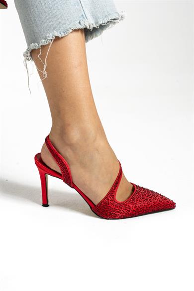 LYON KIRMIZI SİTELİETOE TAŞLI 9 CM KADIN TOPUKLU AYAKKABI