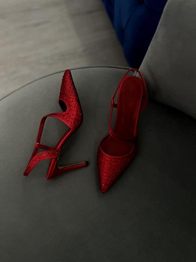 LYON KIRMIZI SİTELİETOE TAŞLI 9 CM KADIN TOPUKLU AYAKKABI
