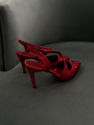 LYON KIRMIZI SİTELİETOE TAŞLI 9 CM KADIN TOPUKLU AYAKKABI
