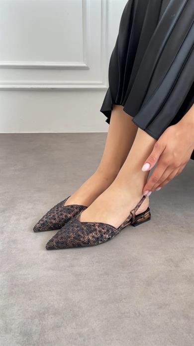 MİSS LEOPAR SATEN TAŞ DETAY KADIN BABET 2 cm topuk yüksekliği 