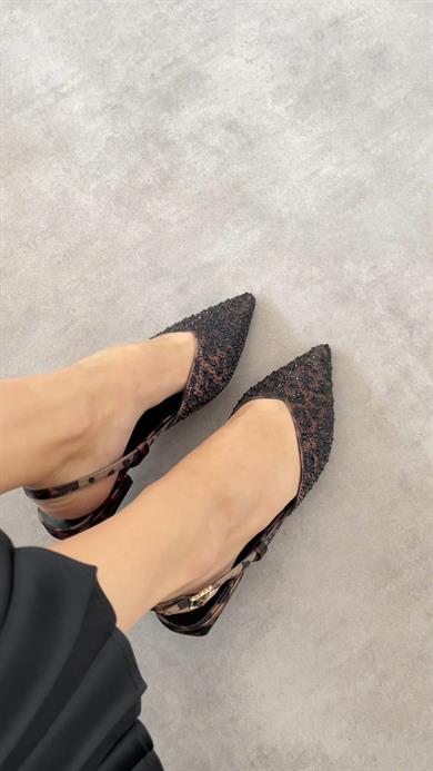 MİSS LEOPAR SATEN TAŞ DETAY KADIN BABET 2 cm topuk yüksekliği 