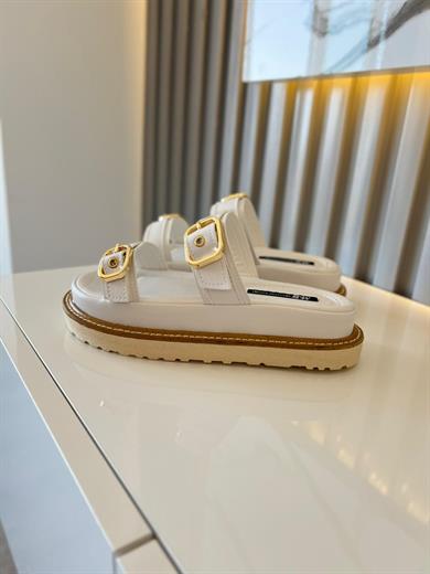 ROBİN BEYAZ MAT KALIN TABAN DETAY ÇİFT TOKALI KADIN TERLİK