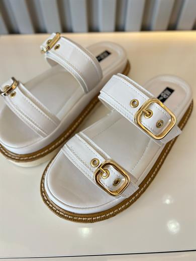 ROBİN BEYAZ MAT KALIN TABAN DETAY ÇİFT TOKALI KADIN TERLİK