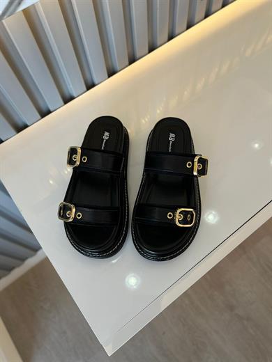 ROBİN SİYAH  MAT KALIN TABAN DETAY ÇİFT TOKALI KADIN TERLİK