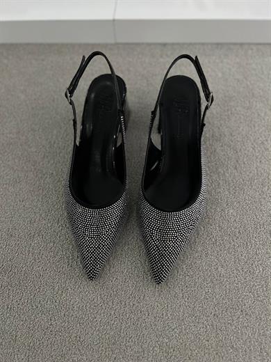 siyah cancan taş, 5 cm kalın topuklu, sivri burunlu ve arkası tokalı şık davet ayakkabısı