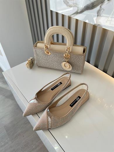 Taş süslemeli, şeffaf detaylı, sivri burun bej babet ve kombin BEJ DİAMOND TAŞLİ ÇANTA