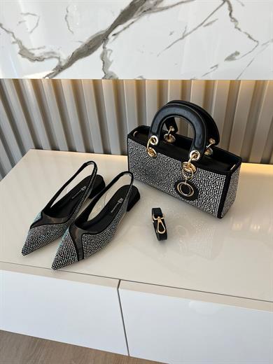 Taş süslemeli, şeffaf detaylı, sivri burun siyah cancan babet ve kombin SİYAH CANCAN DİAMOND TAŞLİ ÇANTA