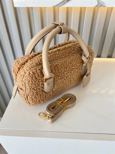 TEDDY BEJ KÜRKLÜ DERI DETAYLI KADIN ÇANTA