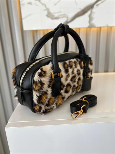 TEDDY LEOPAR KÜRKLÜ DERI DETAYLI KADIN ÇANTA