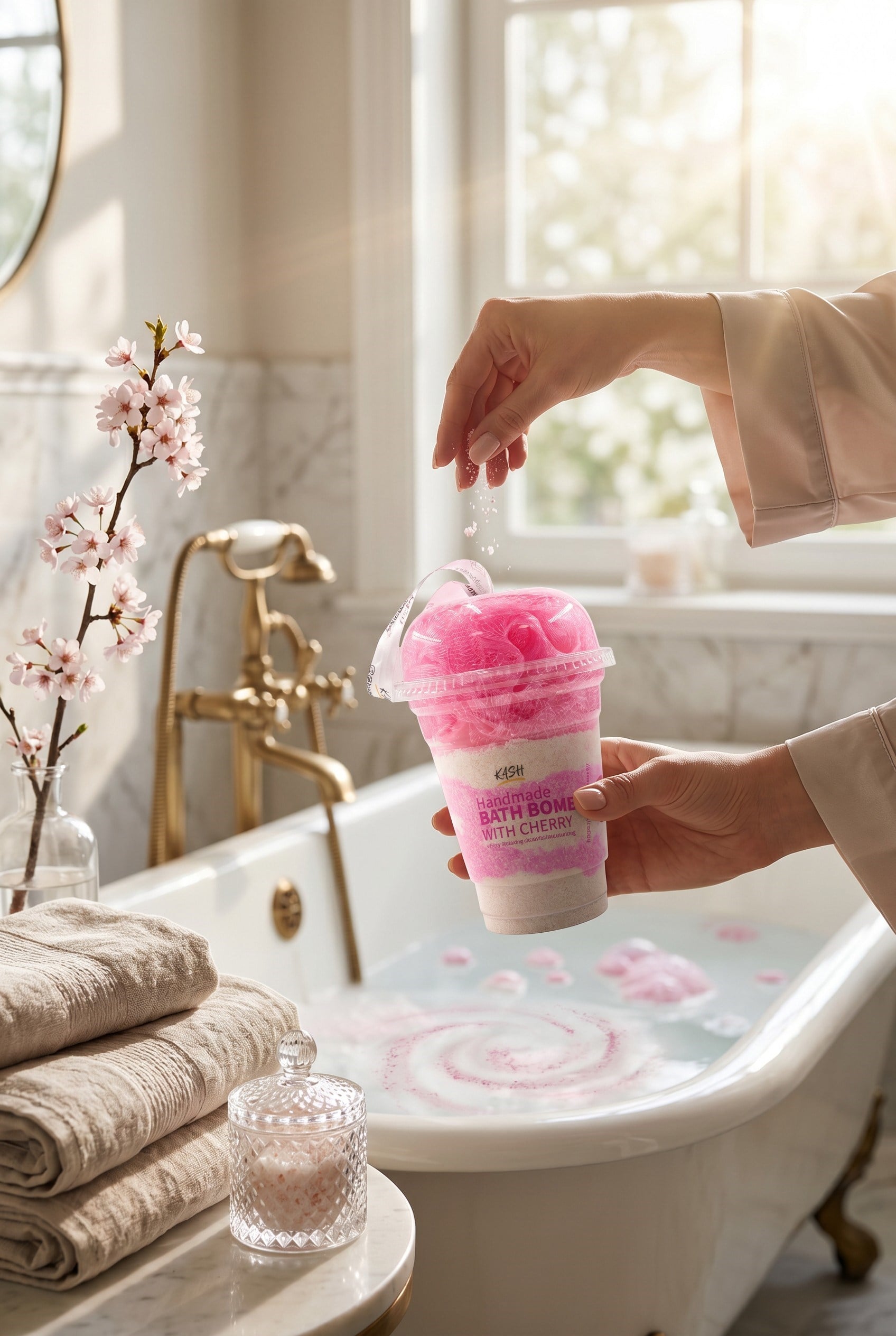 Kiraz Kokulu Bardak Banyo Bombası – Lifli – El Yapımı Dekoratif Banyo Ürünü