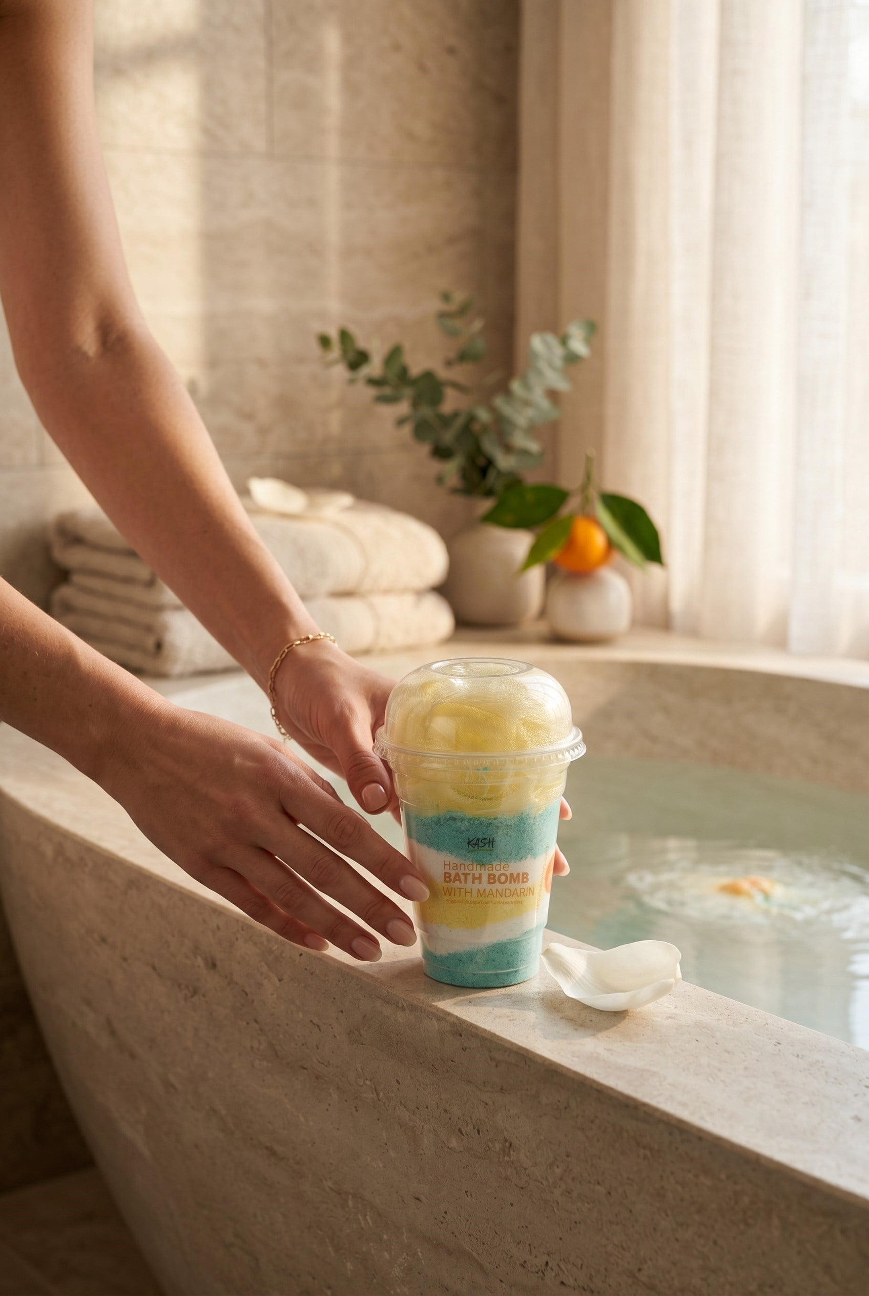 Mandalina Kokulu Bardak Banyo Bombası – Lifli – El Yapımı Dekoratif Banyo Ürünü