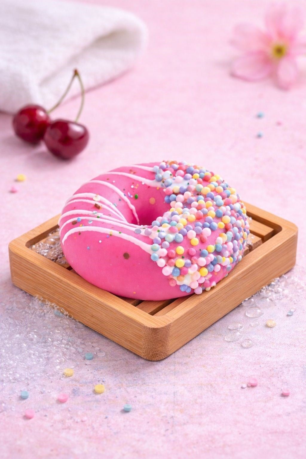 Vegan El Yapımı Doğal Kiraz Donut Sabun | Cilt Dostu, Şık ve Eğlenceli Tasarım |