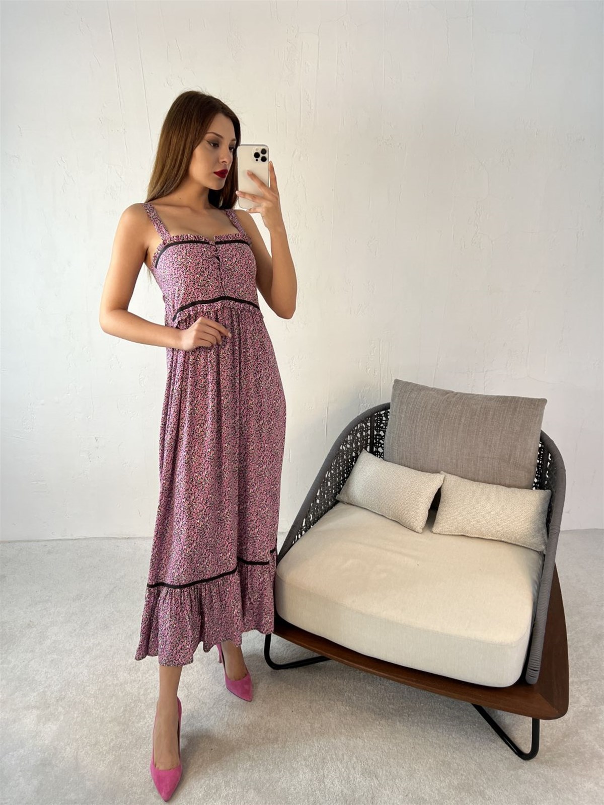 Lila Çiçek Desenli Uzun Elbise