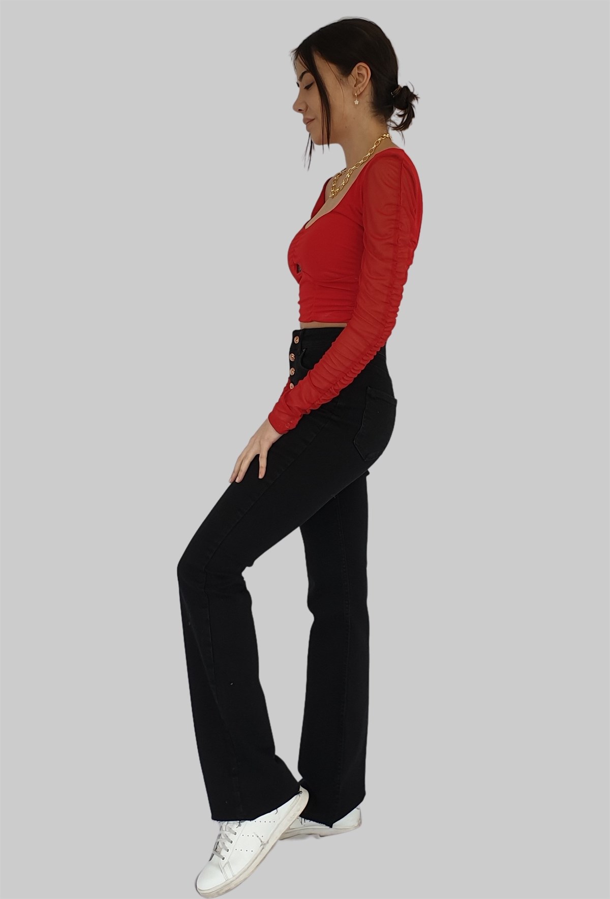 Önü Düğmeli Flare Pantolon