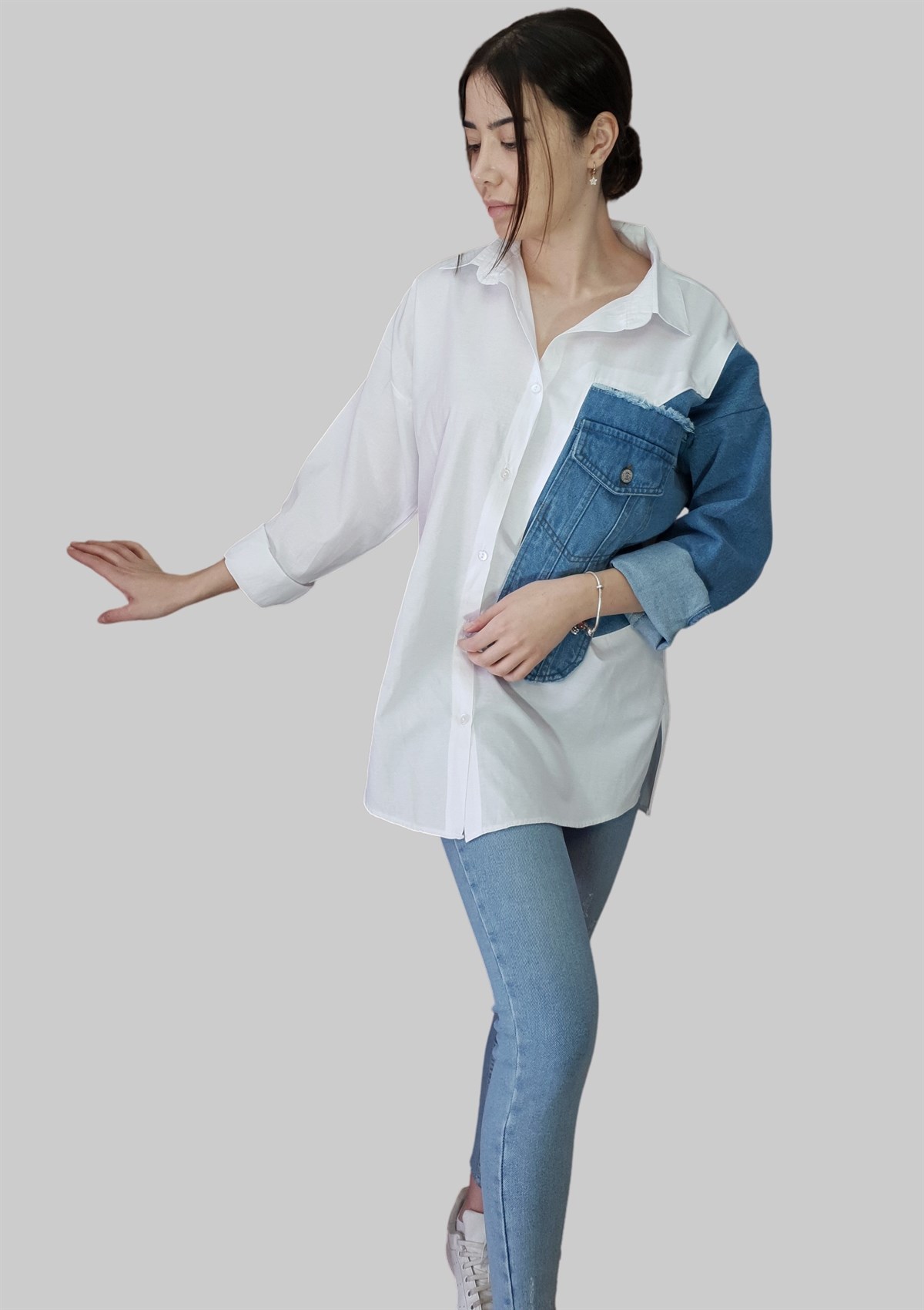 Poplin Sol Tarafı Kotlu Gömlek