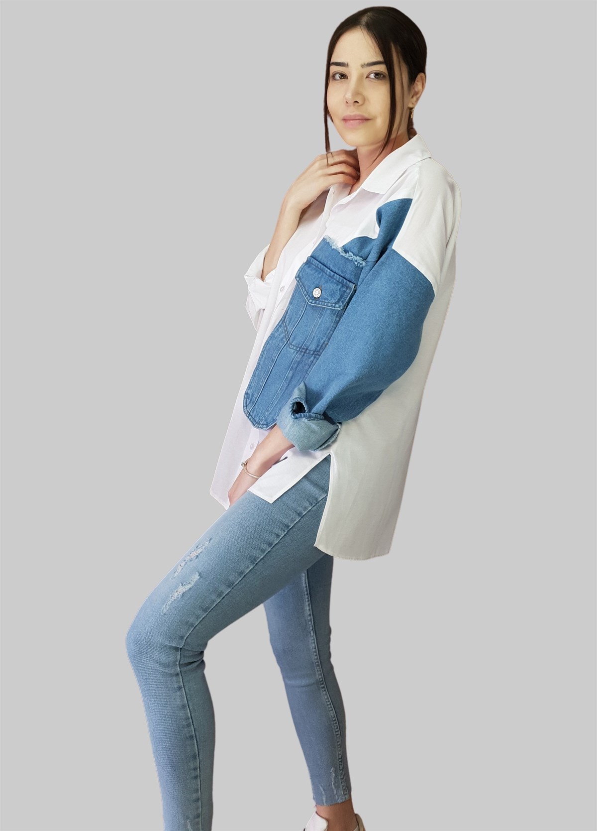 Poplin Sol Tarafı Kotlu Gömlek