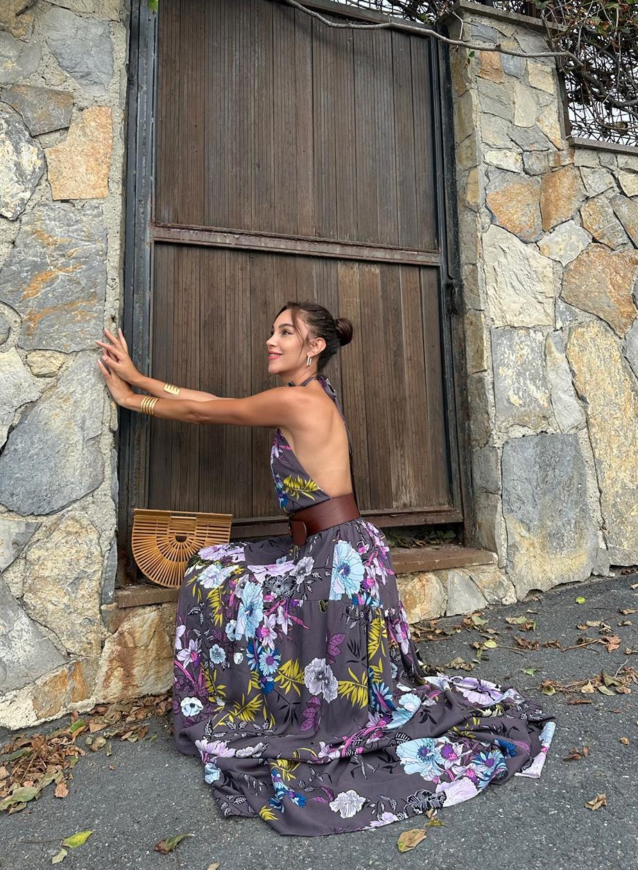 Bağlamalı Çiçekli Elbise Mor