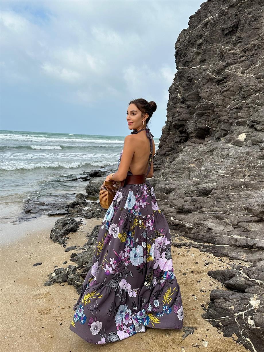 Bağlamalı Çiçekli Elbise Mor