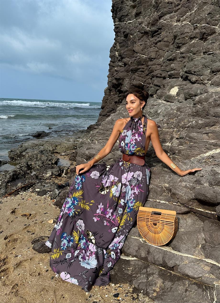 Bağlamalı Çiçekli Elbise Mor