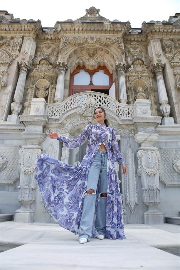 Desenli Şifon Elbise Mavi