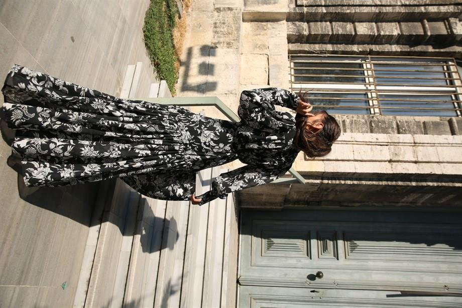 Desenli Şifon Elbise Siyah